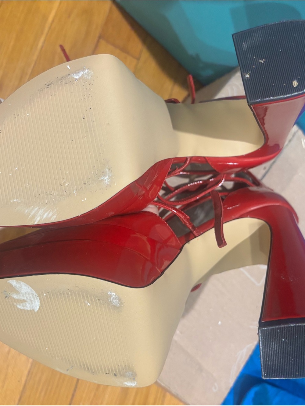 Steve Madden Red Patent Platform Block Heels with Strappy Wrap - Picture 6 of 8
